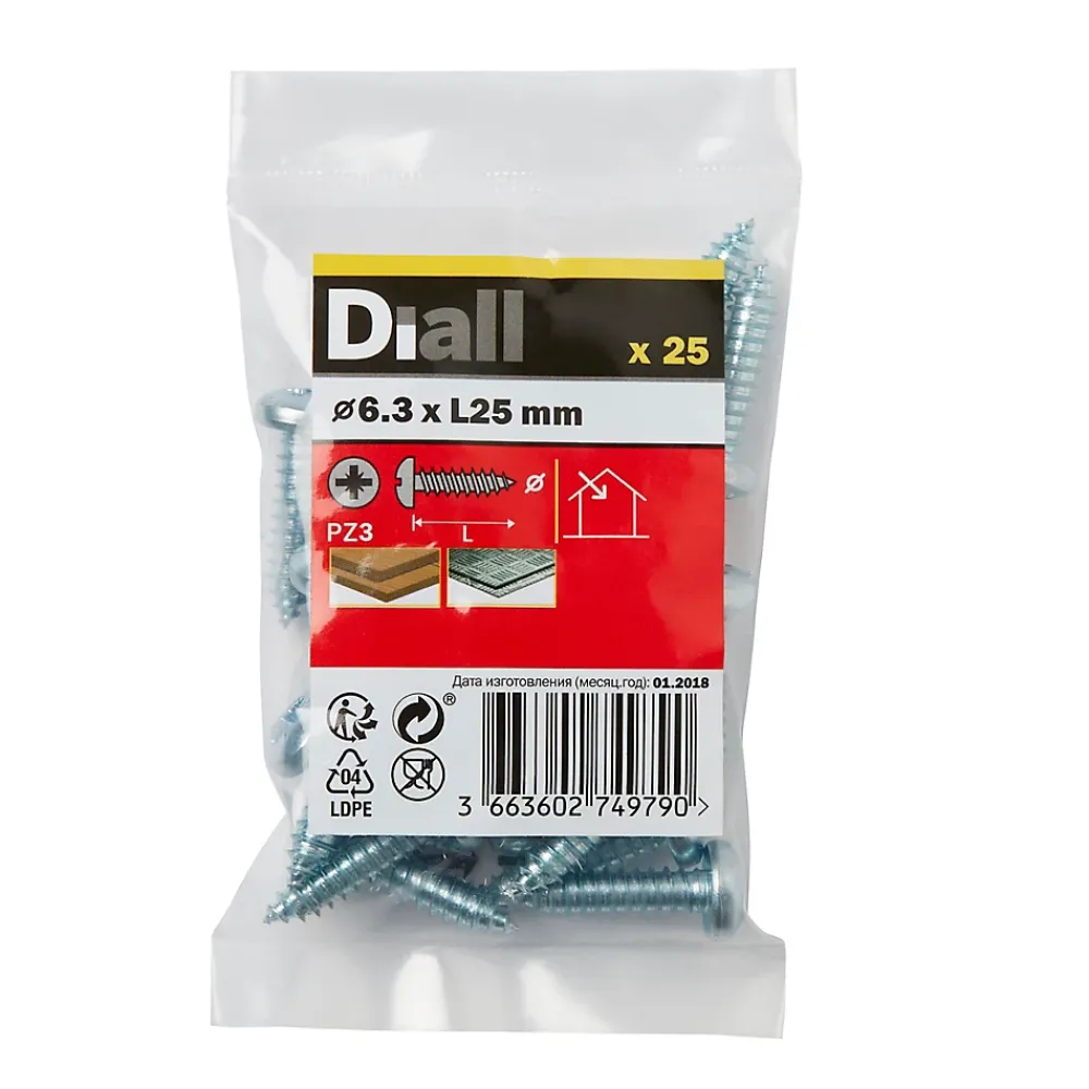 Diall Vis zinguée autoperceuses à tête cylindrique, 6,3x25 mm - 25 pièces