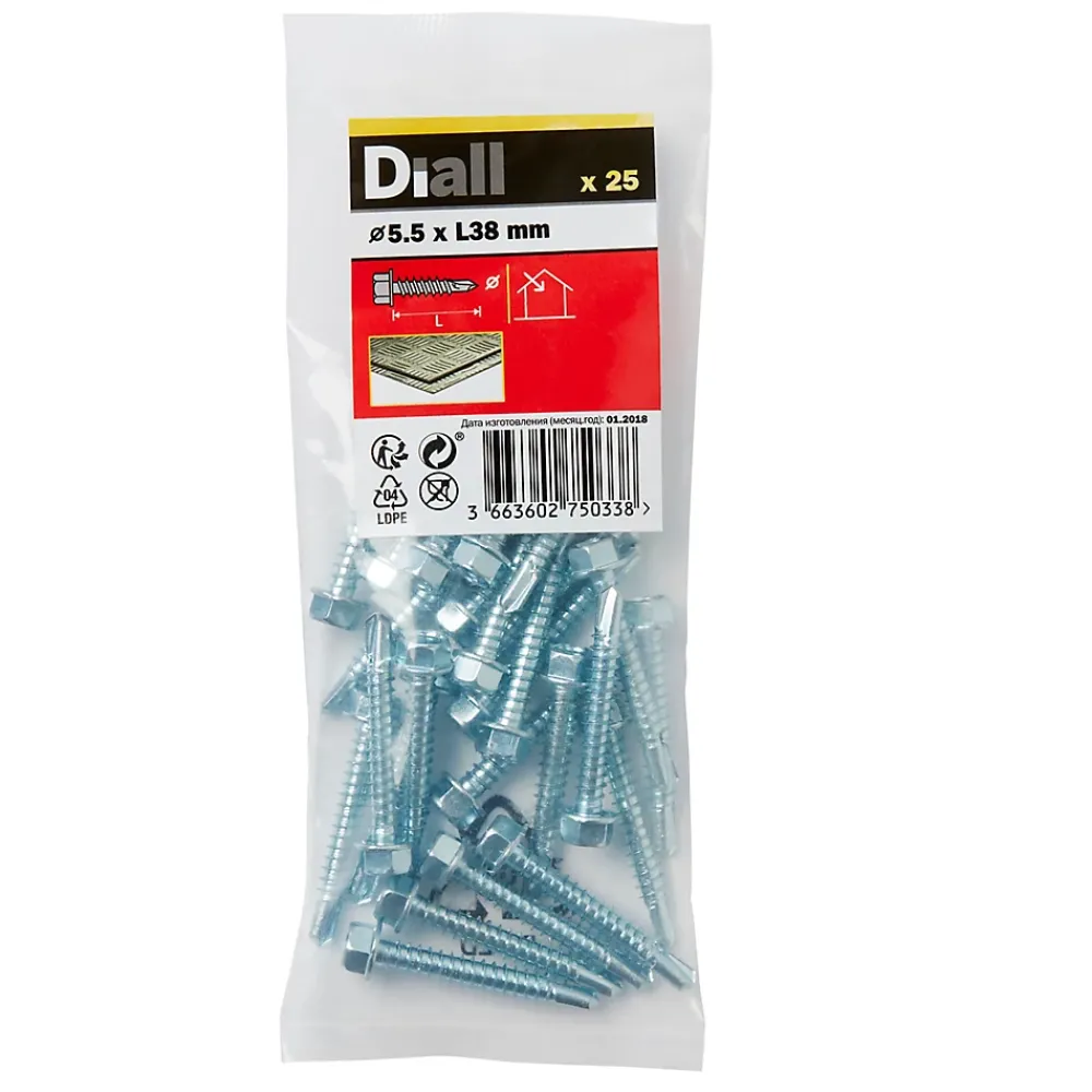 Diall Vis Pour Métal-Vis zinguée autoperceuses à tête hexagonale, 5,5x38 mm - 25 pièces