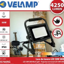 Velamp Lampe Torche-WAINGRO 50W : Projecteur de travail LED SMD 50W avec support de terre et câble 3m