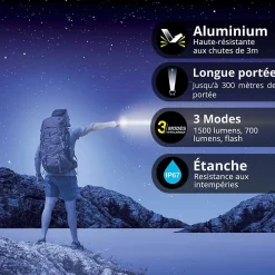 Xanlite Lampe Torche-- Lampe Torche LED Métallique, x3 Modes d'Eclairage, 1500 Lumens, Piles Incluses - TO1500L
